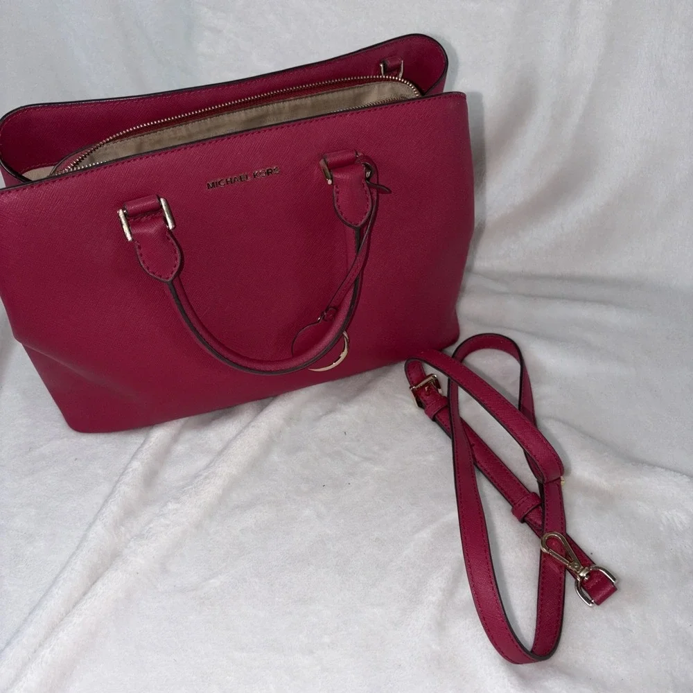 Michael Kors Sutton Saffiano Leather Medium Satchel Handbag Fuchsia Classic Chic